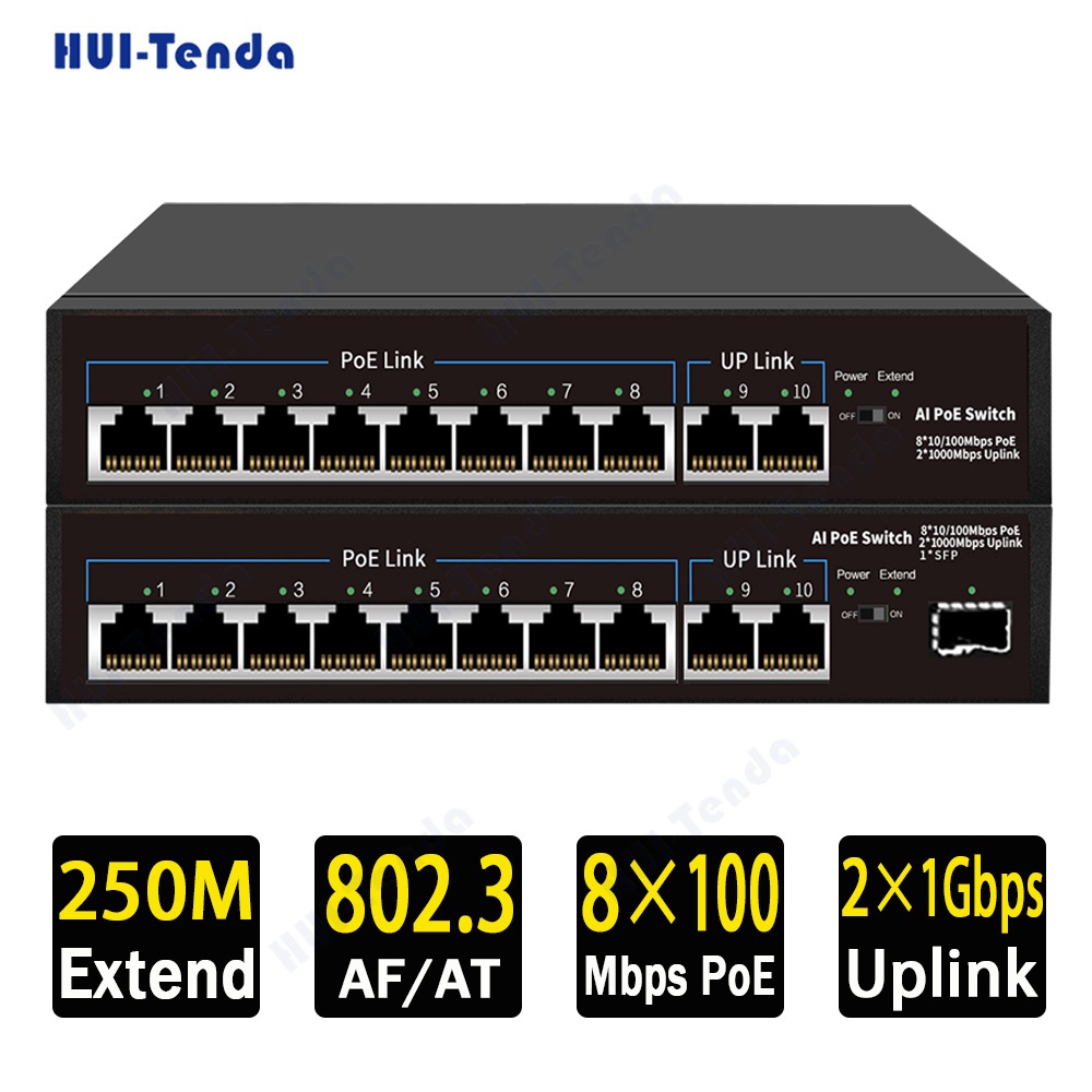 HUI-Tenda 10/100Mbps8พอร์ต POE Switch 1Gbps Uplink พอร์ต SFP 96W เครือข่าย Ethernet สำหรับกล้อง IP ไร้สาย AP WiFi Router