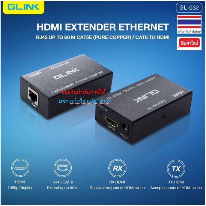GLINK HDTV  EXTENDER EXTHERNET up to 60M CAT5E/CAT6  #HDMI รุ่น GL032 GL-032