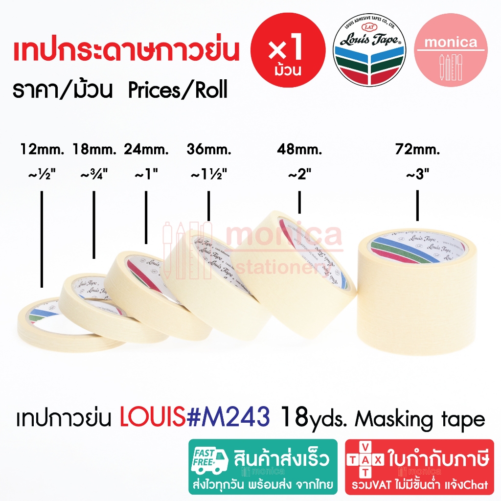 ส่งฟรี (1ม้วน) เทปกาวย่น Louis Masking Tape M243 18Y 12 18 24 36 48 72mm เทปย่น กระดาษกาว เทปหนังไก่