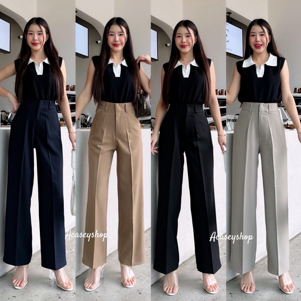 Acasey กางเกงขายาวผู้หญิง กระบอกกลาง ผ้าออดี้ ทรงสวย ไซส์ S - XL