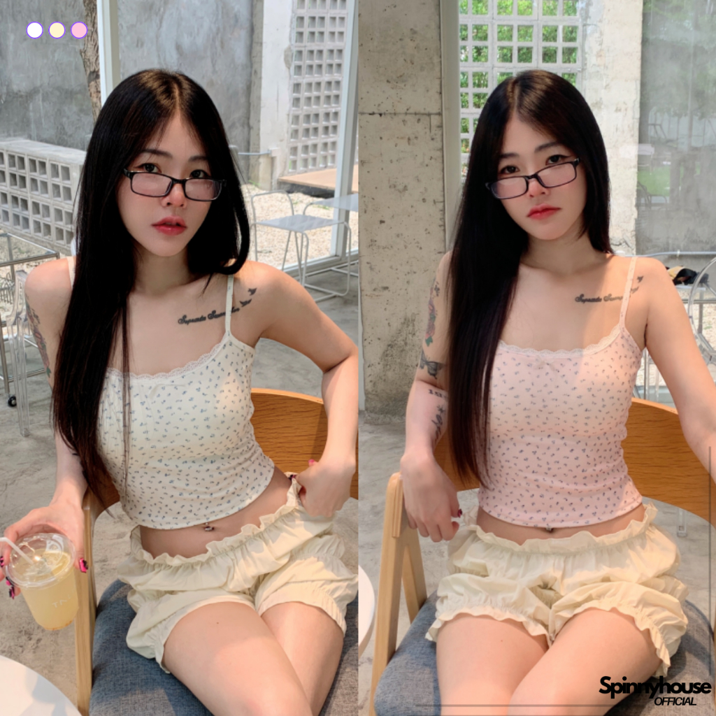 SpinnyHouse สายเดี่ยวลูกไม้ มีฟองน้ำในตัว ลายดอกไม้น่ารัก ผ้ายืดเยอะใส่ง่าย มินิมอลต้องมี แต่งขอบลูกไม้ รุ่น อันปัน