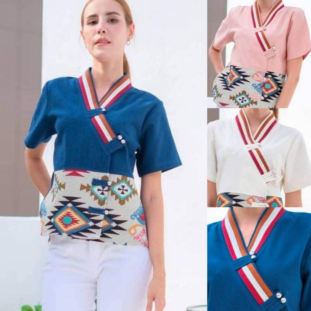 เสื้อผ้าฝ้าย คอปีนป้าย แต่งผ้าทอลาย