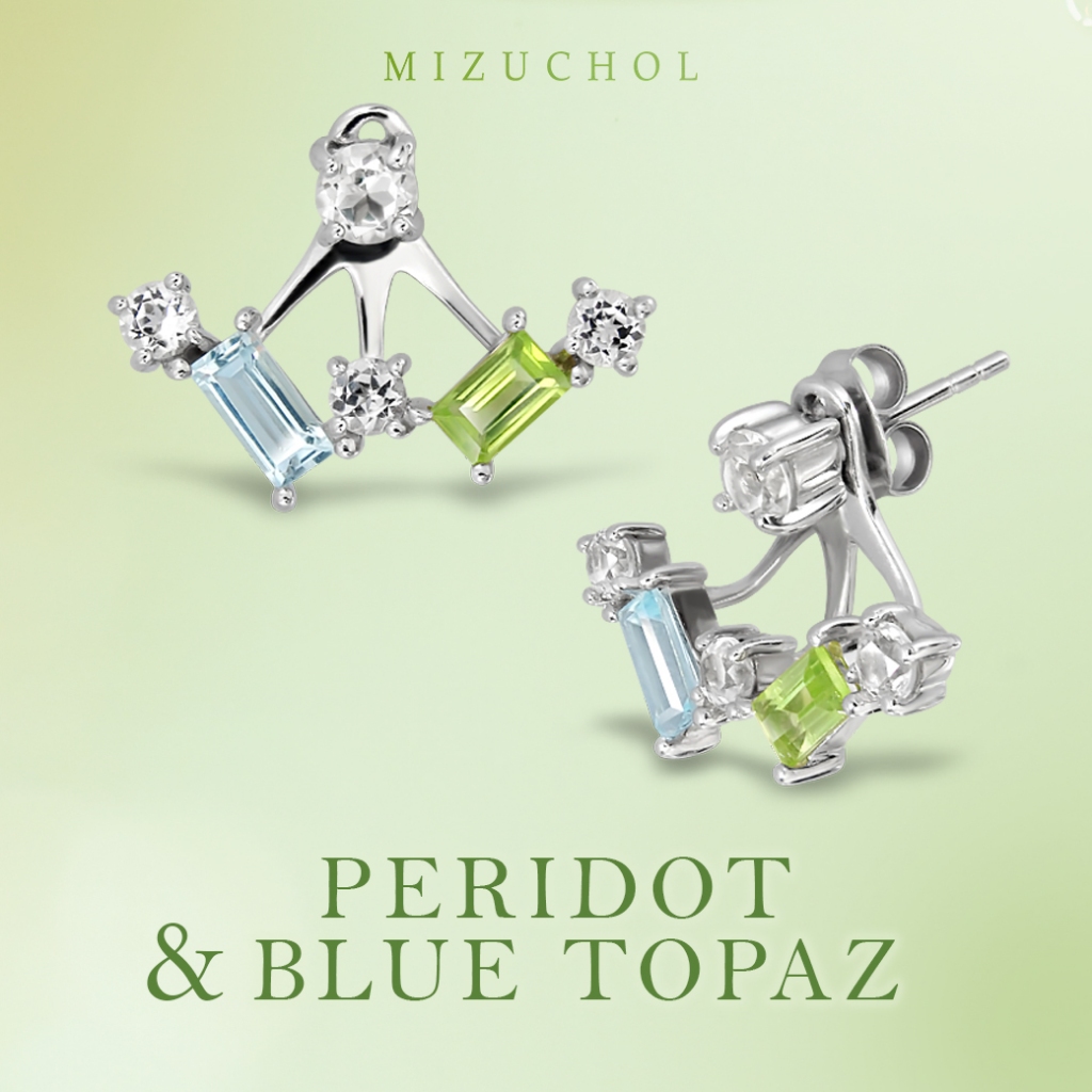 Mizuchol ต่างหูเงินแท้ ประดับพลอย Blue Topaz และ พลอย Peridot แท้ : Baby Peacock Earrings