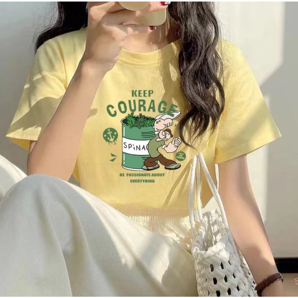 MKLเสื้อยืดพิมพ์ลาย คอกลม แขนสั้น ผ้านิ่ม แฟชั่น ลายผักขมสีเขียว สไตล์เกาหลี #9610