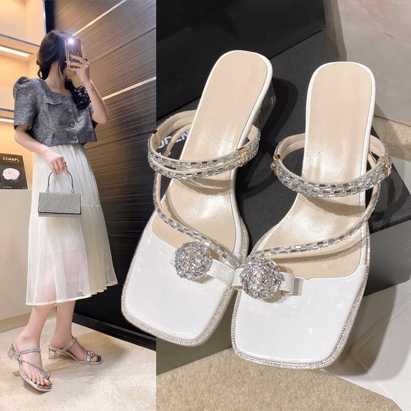JSY - 4.5cm รองเท้าส้นสูงหนัง PU แฟชั่นฤดูร้อนหัวเหลี่ยมโปร่งใสนำเข้า JY006