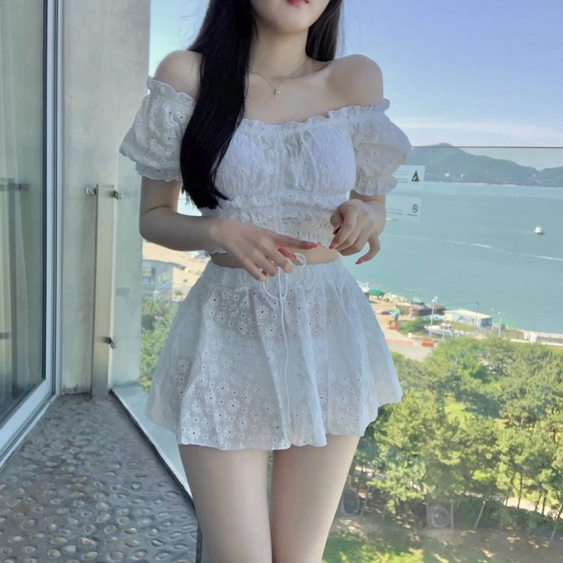 ชุดว่ายน้ำผู้หญิง ทูพีช กระโปรง เอวสูง เกาะอก ผ้าแห้งเร็ว thumbnail 5