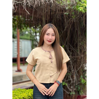 เสื้อสีฟ้า ผ้าฝ้ายพื้นเมือง ผูกเชือกทิวลิปเก๋ๆร่วมสมัยใส่ออกงาน ใส่ทำงานได้