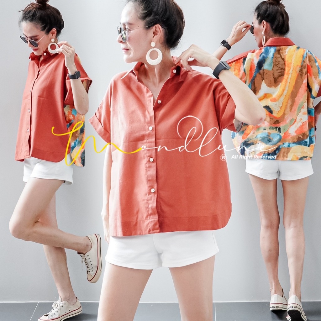 NADA 38 MondLuneCloth New arrivals Korea style Top เสื้อเบลาส์คอปก เเขนสั้นงานแต่งสีแม็ต ลายผ้าเพิ่มความแปลกดูดี