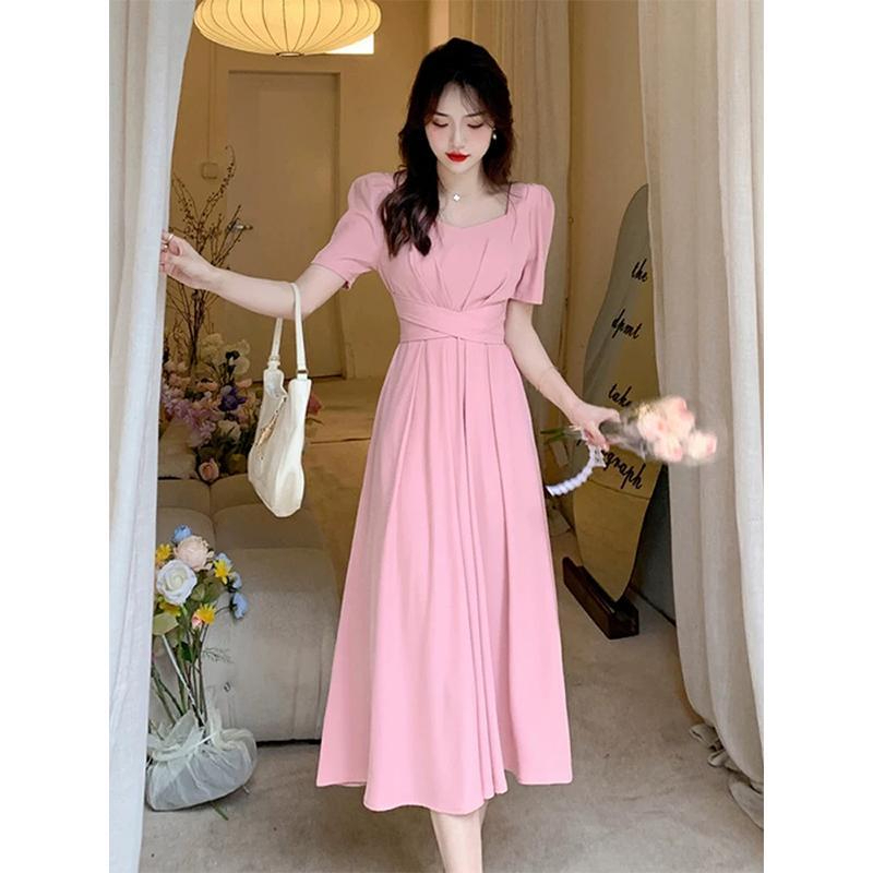 🎀 S-4XL💥 9 สี เดรสกระโปรงแขนพอง เดรสยาวคลุมเข่า ใส่เข็มขัด ดีไซน์เข้ารูปเอว ทำให้ดูผอม สไตล์ฝรั่งเศส เหมาะสำหรับสาวอวบ