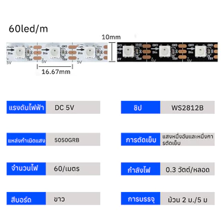แถบไฟ Led WS2812B 60 Leds/M DC5V ไฟ RGB ยาว 2ม. 5ม. ยืดหยุ่น แถบไฟ Led Strip ตัวควบคุมเพลง LED บลูทูธ
