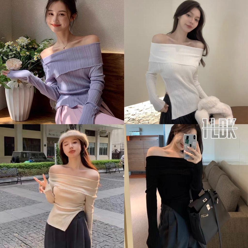 1LDK พร้อมส่ง เสื้อปาดไหล่ แขนยาว ไหมพรม4สี ผ้านิ่ม แหวกปลาย(98117)