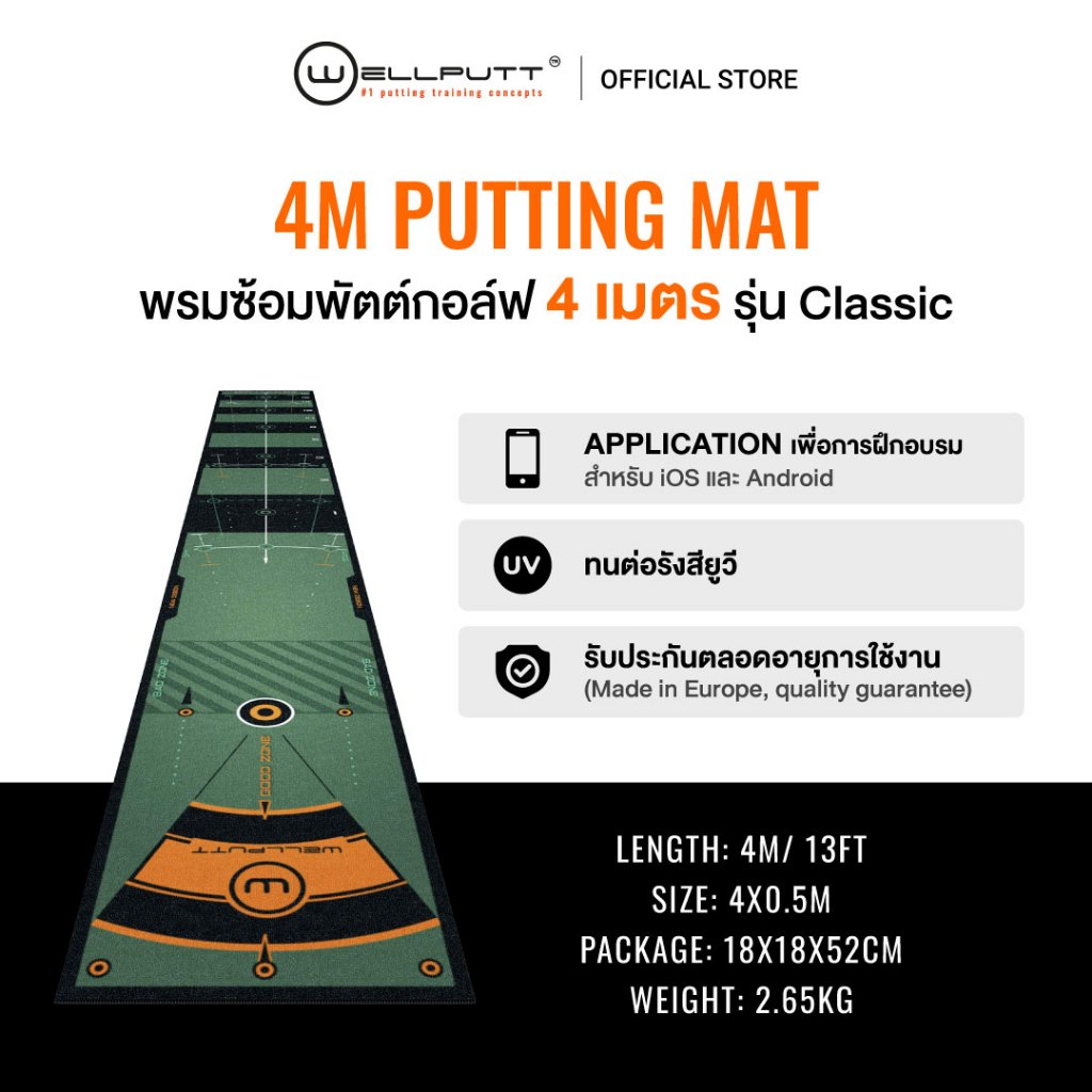Wellputt พรมซ้อมพัตต์ 4 เมตร รุ่น Classic สีเขียว / สีดำ พร้อม Training Application