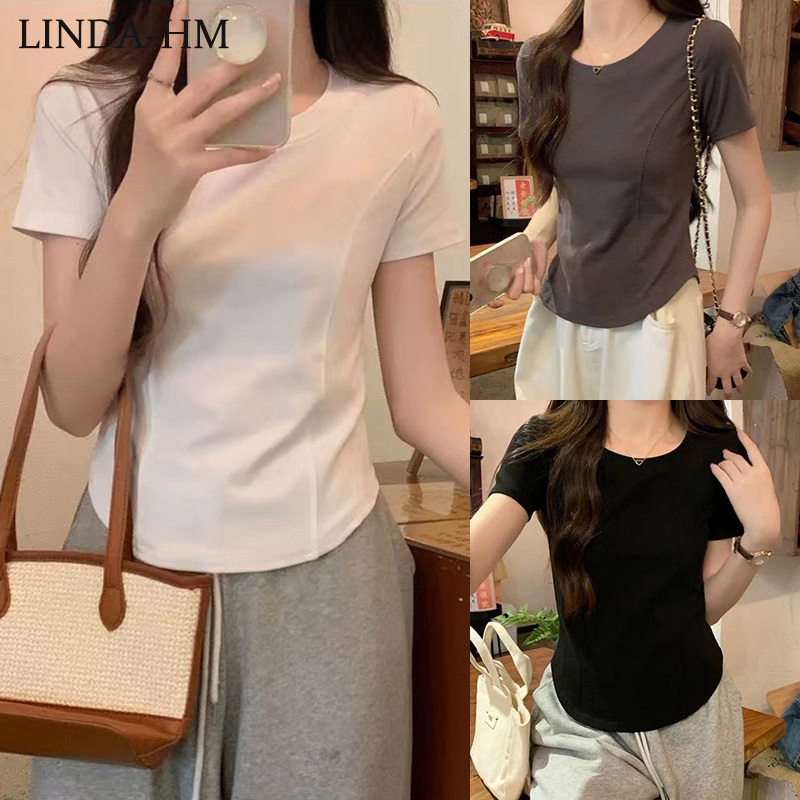 พร้อมส่งจากกทม 🎀เสื้อยืดคอกลมผู้หญิ เสื้อยืดเข้ารูป แขนสั้น งสีพื้น ผ้านิ่มสวมใส่สบาย แต่งด้วยสองเส้น