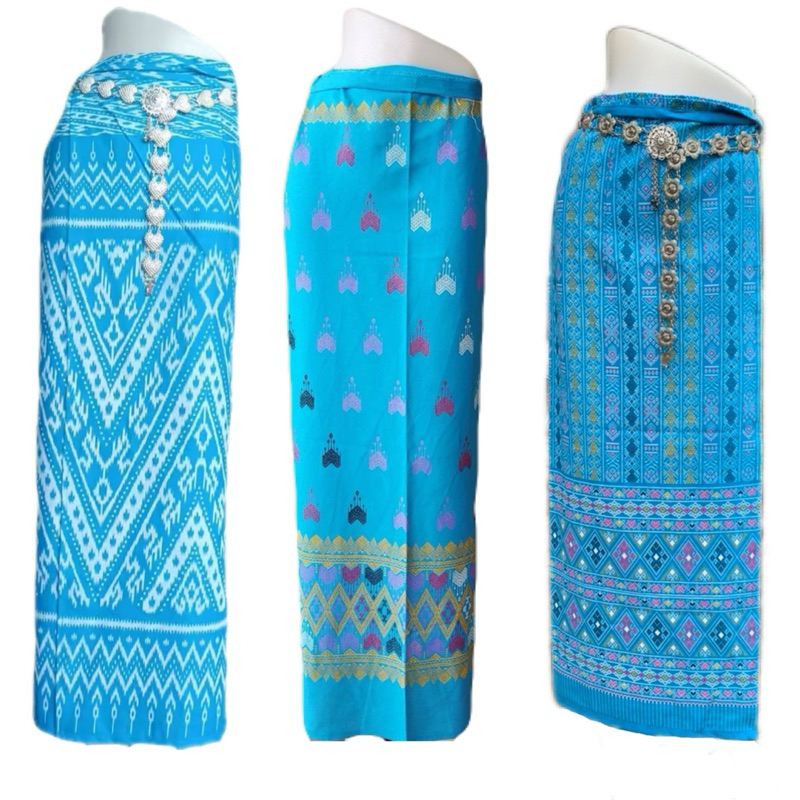 ผ้าถุงผ้าฝ้ายพิมลายสีฟ้าวันแม่มาแล้วเย็บสำเร็จผูกเชือกเอว พร้อมส่ง