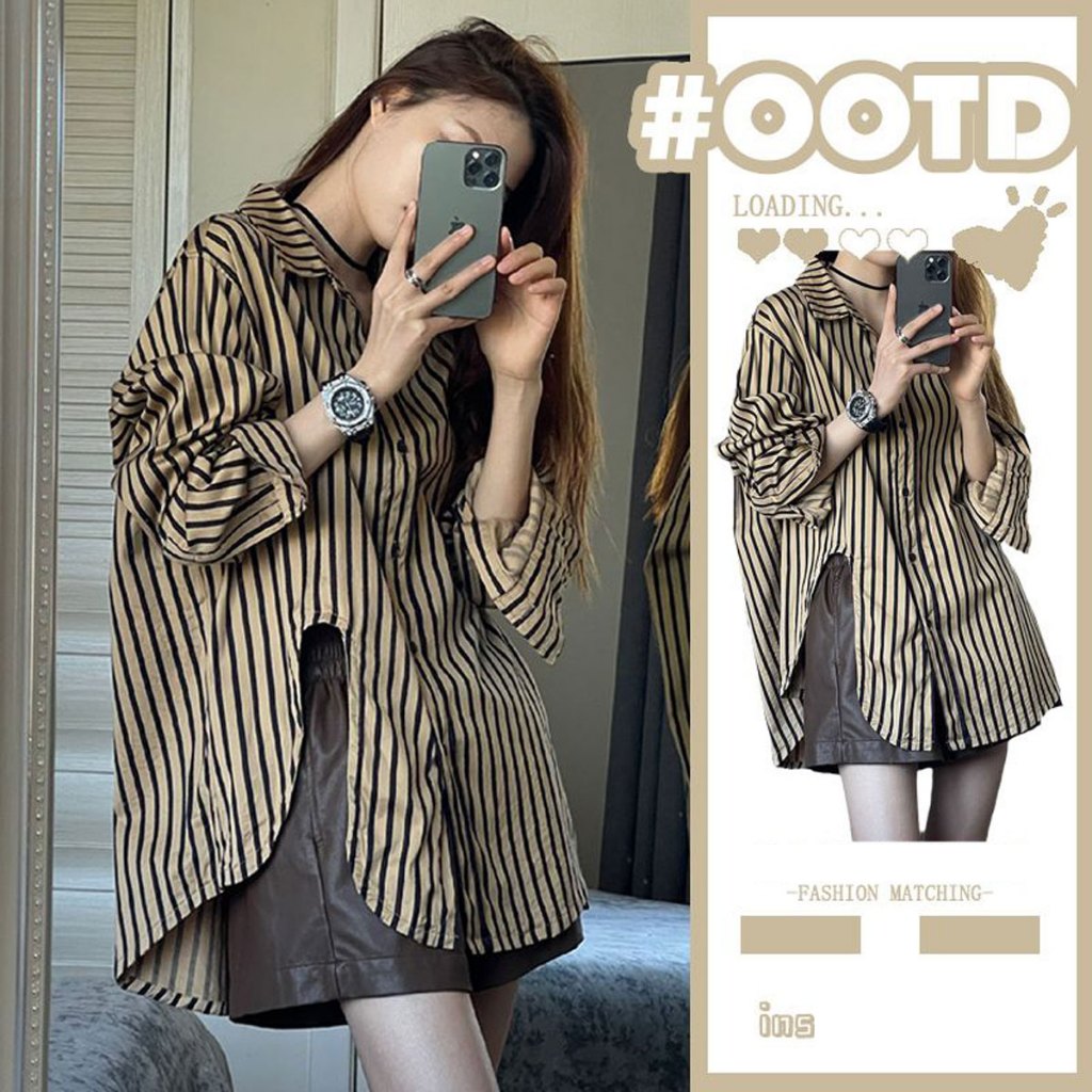 Dahong 🔥W430 เสื้อเชิ้ตแขนยาว คอโปโล ลายทางแนวตั้ง ทรงหลวม oversize สไตล์เรโทร แฟชั่นฤดูใบไม้ผลิ สําหรับผู้หญิง