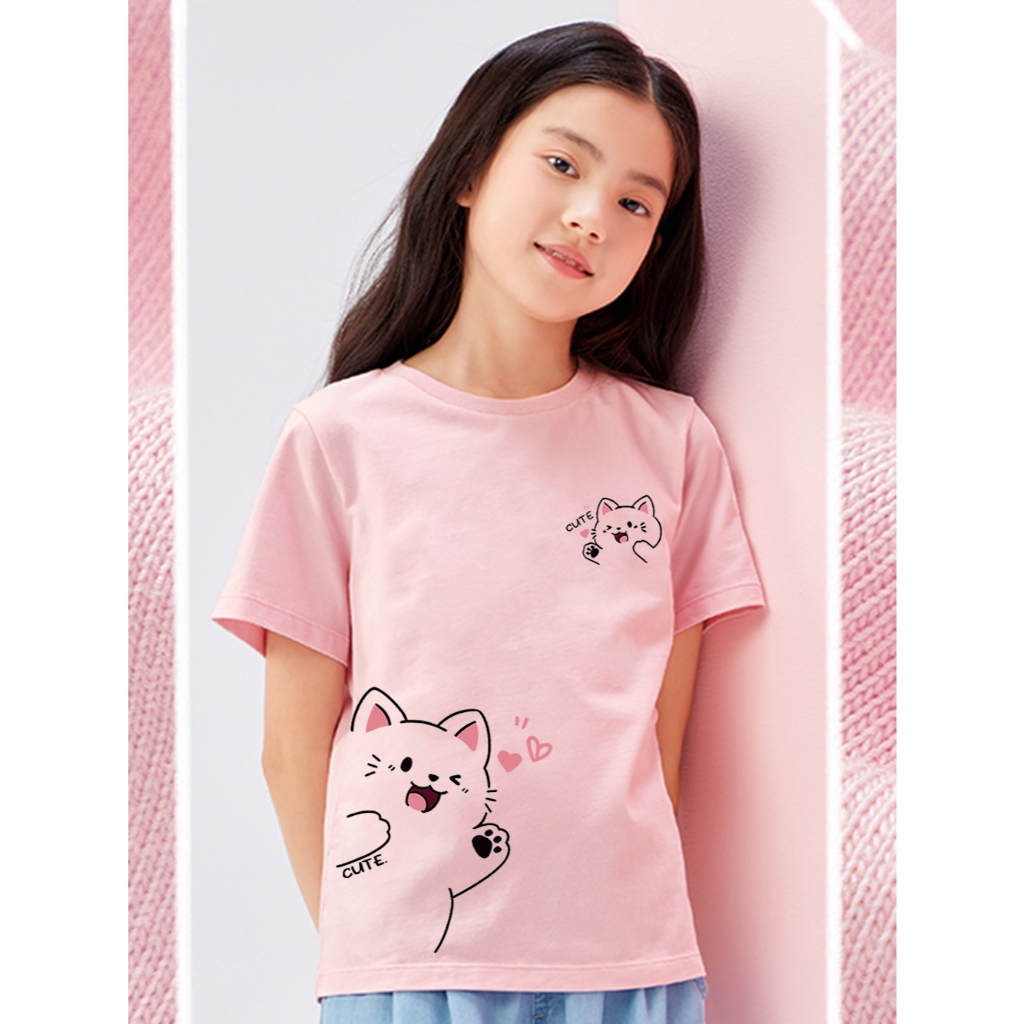 เสื้อน่ารัก เด็ก ชุดพ่อแม่ลูก  "แมวสีขาว" เสื้อยืดแขนสั้น ผ้าคอตตอน100% 90-150 หลา พร้อมส่ง