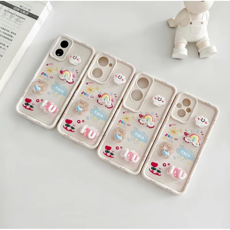 Csaeออปโป๊A60 Reno11F เคสหมีI love u นูนขอบลาย สำหรับรุ่นOppo Reno12 A15 A16 A17 A18 A54 A53 A57 A52020 A79 Reno4 Reno5