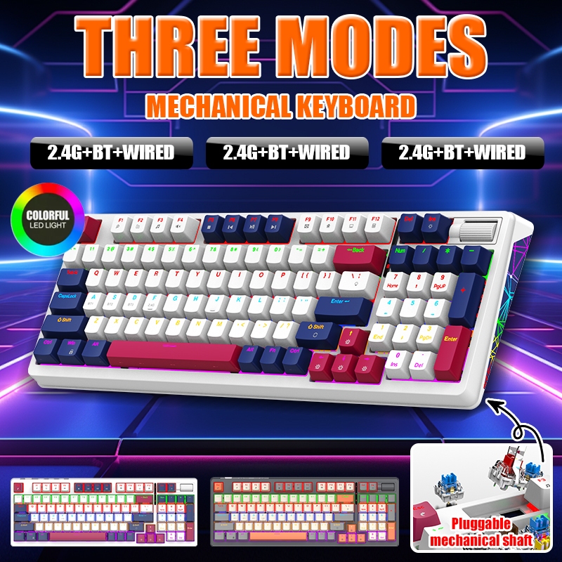 XUNFOX K95 อุปกรณ์บลูทูธไร้สายคีย์บอร์ด Wired+2.4G+BT Wireless mechanical keyboard Hot swap for Android/Win/Mac/Laptop