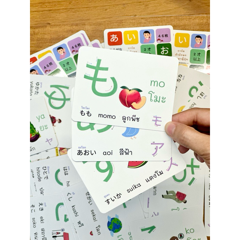 flash card ตัวอักษรภาษาญี่ปุ่น มีเสียงภาษาไทยกำกับ เหมาะสำหรับคนที่ต้องการเริ่มเรียนจาก0 子どもの読み書きの準備のために 47枚の砂文字カード