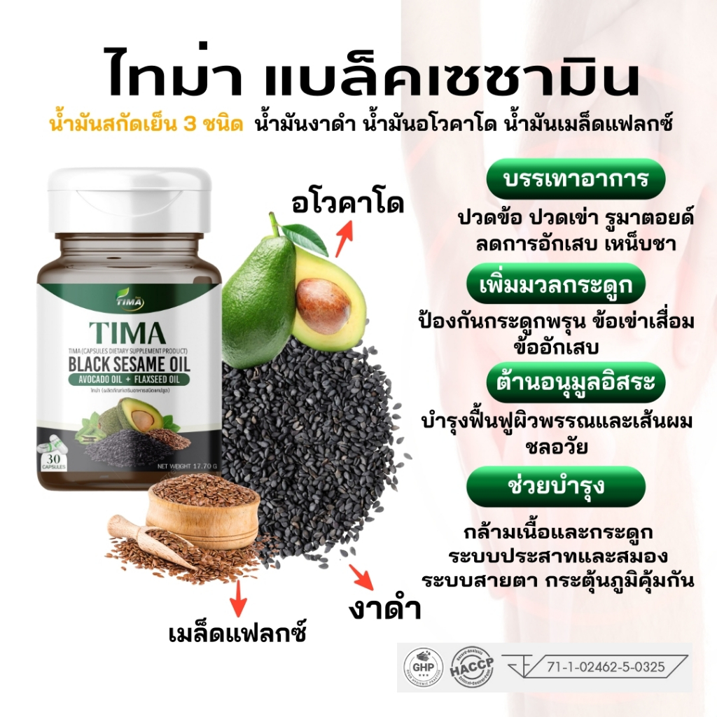 TIMA น้ำมันงาดำสกัดเย็น 3ชนิด ลดการอักเสบ บำรุงกระดูกและข้อต่อ มือชา เหน็บชา / 1กป. 30 แคปซูล