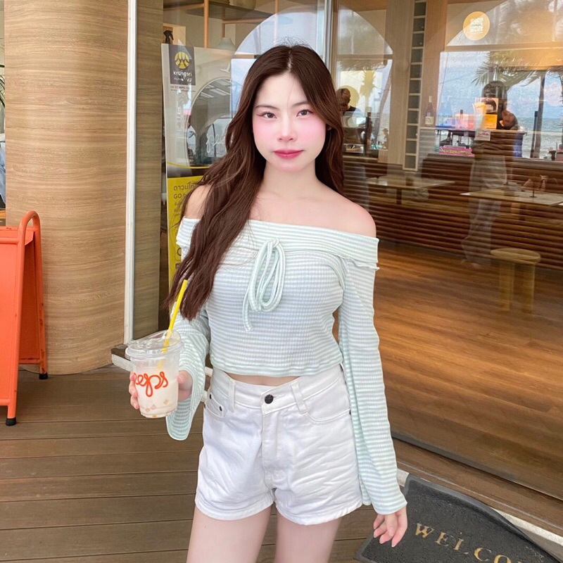 Sodsai.bkk | avocado milk เสื้อปาดไหล่แขนยาว สีเขียวพาสเทล 🥑 🥛✨(No.5)