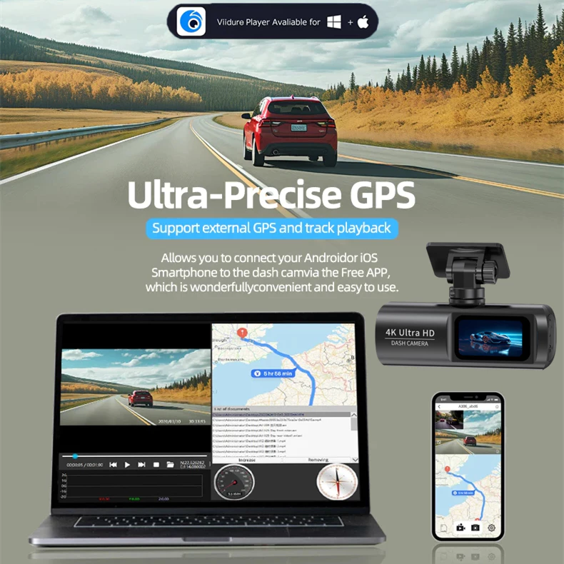 ตำแหน่งGPS 4K dash cam กล้องติดรถยนต์ 2160P กล้องหน้าหลัง มุมกว้าง 170°การเชื่อมต่อ APP WiFi การดูแบบเรียลไทม์ โหมดกลางค thumbnail 6