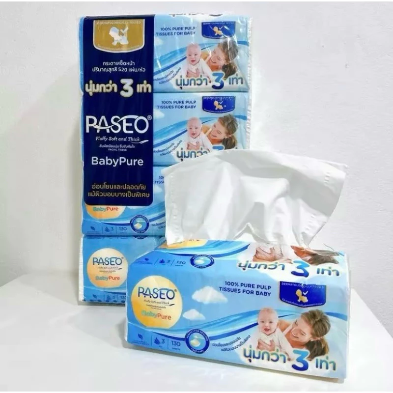 กระดาษเช็ดหน้า Paseo Baby Pure หนานุ่ม 3 ชั้น 1หิ้ว มี 4 ห่อ อ่อนโยนปลอดภัยสำหรับลูกน้อย