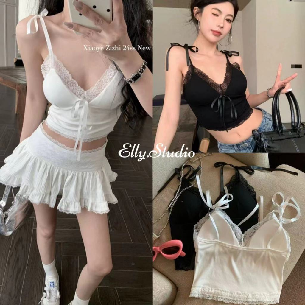 Elly พร้อมส่ง เสื้อสายเดี่ยวขอบลายลูกไม้ สายผูก ดีเทลแต่งโบว์ มีฟองน้ำด้วย เสื้อครอปเซ็กซี่ เปรี้ยวแซ่บ ชุดไปทะเล