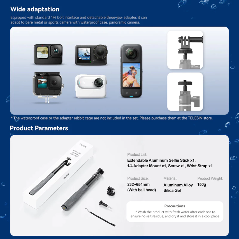 Telesin ไม้เซลฟี่ลงน้ำได้ 654mm /1.2m / 3m. สำหรับGOPROทุกรุ่น,DJI Osmo360/DJI Action 6/5Pro/4/3,Insta360 thumbnail 4
