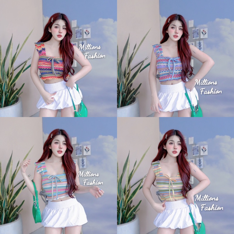 Kaidee99 เสื้อครอป กล้าม ระบาย เชือกมัดหน้า ผ้าถักทอ คล้ายไหมพรม เสริมฟองน้ำในตัว ผ้าใส่สบาย ใส่แล้วสวยน่ารักมากค่ะ