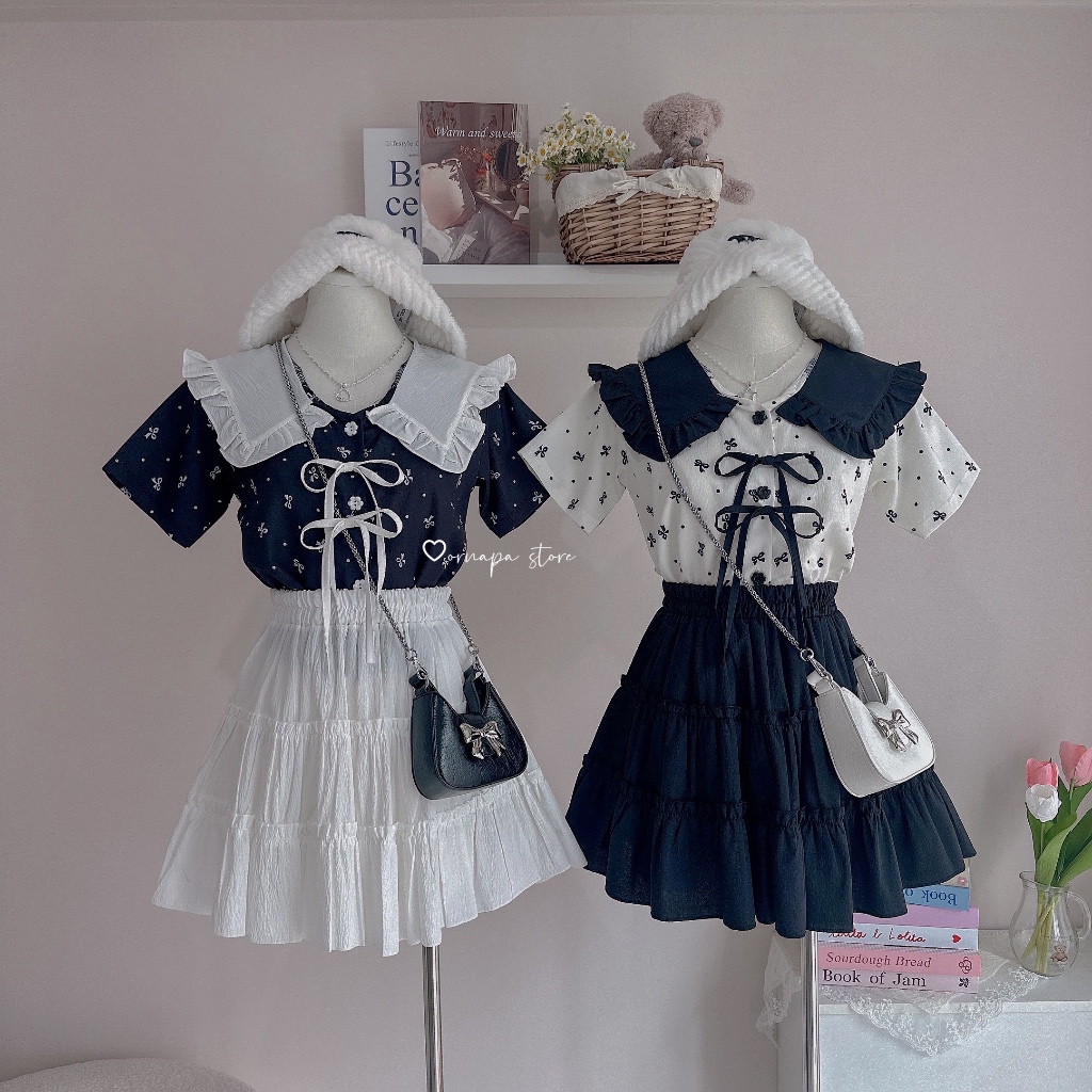 ชุดเซต คอปกลายโบ 4 สี + กระโปรงขนมชั้น น่ารักมากก
