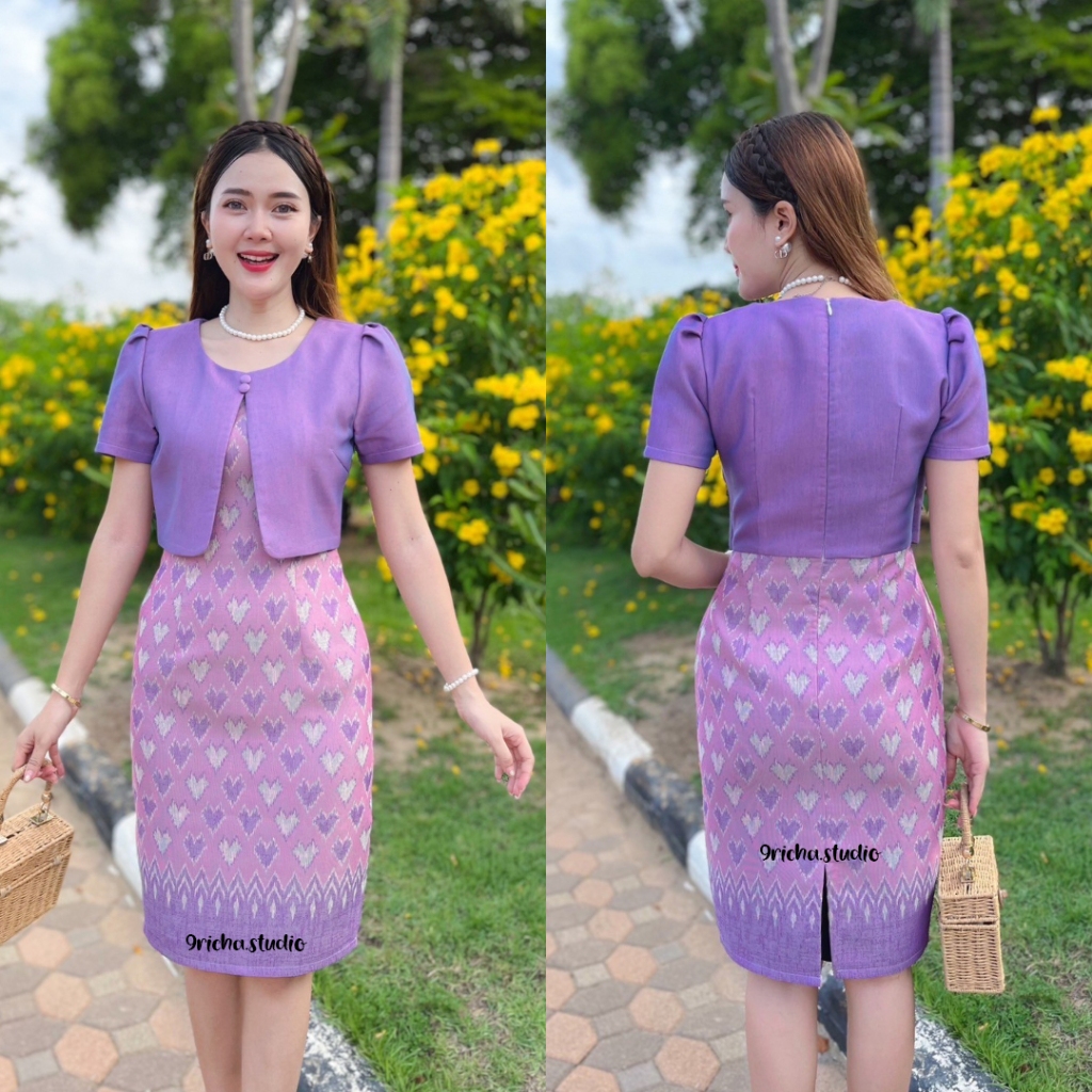 เดรสผ้าไทย ผ้าฝ้ายทอลายหัวใจสีม่วง คอกลมแต่งกั๊กสีพื้นทรงสอบ อัดกาวอย่างดีทั้งชุุด(RC0066)