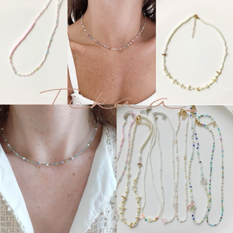 (Ready to Ship 🇹🇭)✨ Cute Minimal Beaded Necklace for Beach – Thin Beads Style - สร้อยลูกปัด เส้นเล็ก สร้อยหินเรียบหรู 🌸✨