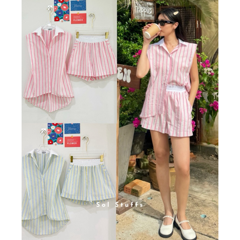 ”Poppy set“ เสื้อแขนกุดแต่งปกขาวตัวเสื้อลายทางรุ้งช่วงไหล่เย็บคล้ายปีกนกไม่มีฟองน้ำ ด้านหลังเย็บทวิต มาคู่กับกางเกง