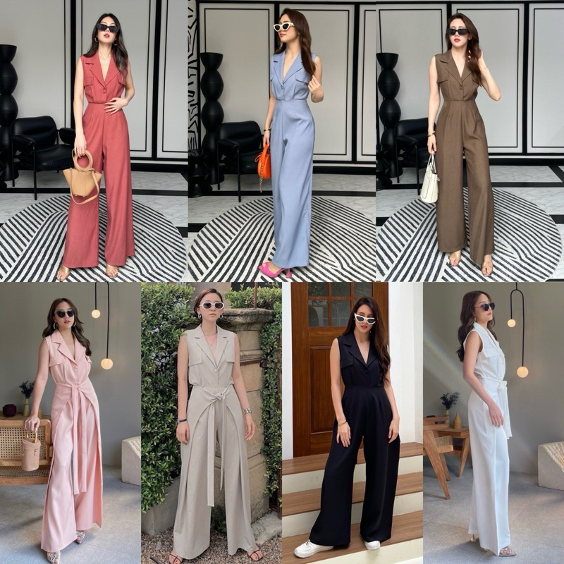 🔖Alot #Roger จัมพ์สูท ปกเทเลอร์แต่งกระเป๋าหน้า ผูกเอว ทรงปล่อย ใส่สบาย ขากระบอกกว้าง จับจีบทรงขายาวล