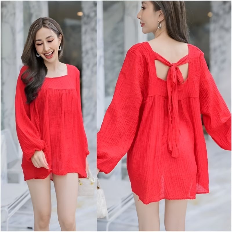 ใหม่.เสื้อแขนยาวคอเหลี่ยมสาวอวบ ผูกโบว์หลังทรงสวยFree size: 32 - 44 นิ้ว.ใส่ได้ ใส่สวย.เป็นผ้าลินิน