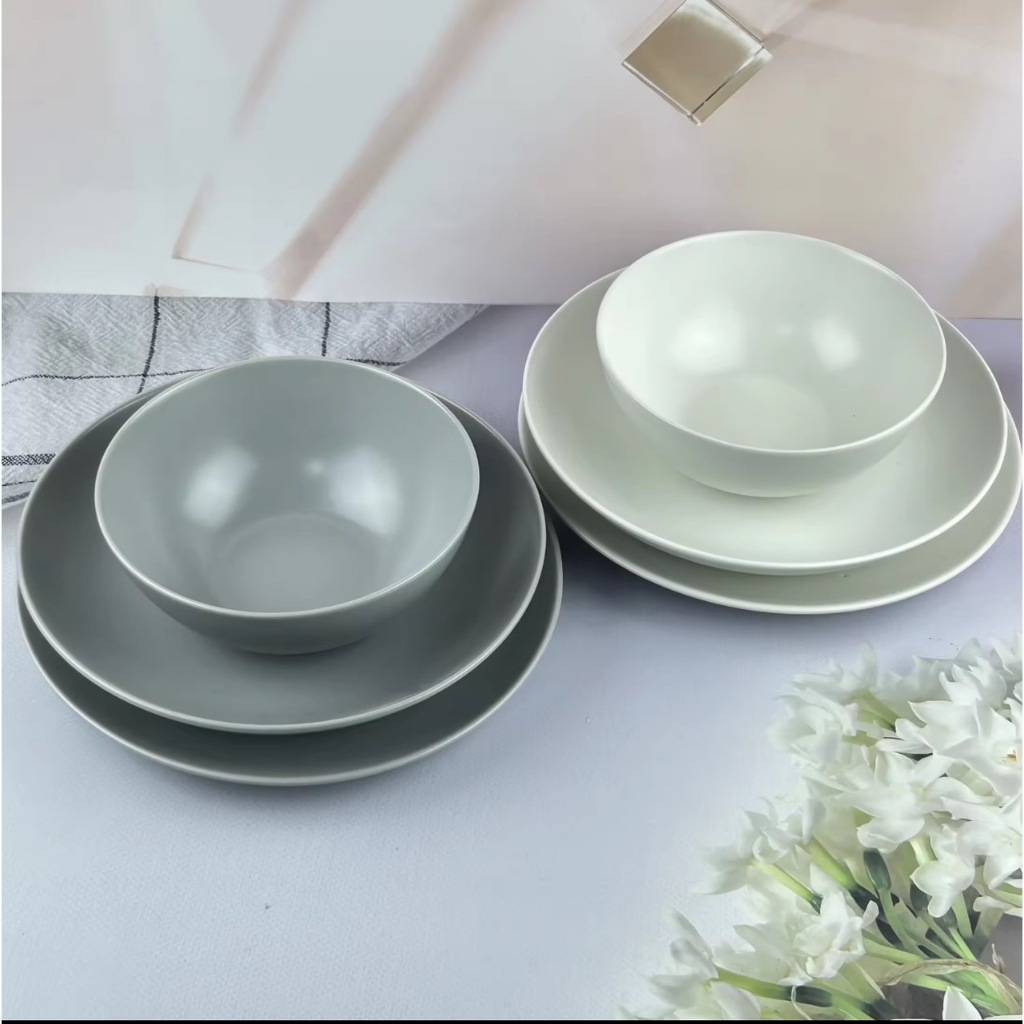 ชุดจานชาม จานเซรามิค ชามเซรามิค  สีครีม/สีเทา  มี 3 แบบ