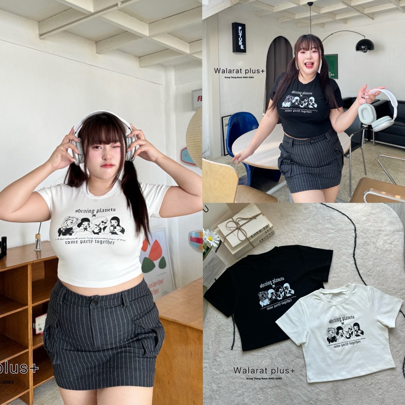 (wr) เสื้อครอป สกรีนลายผู้หญิง เท่ห์ ชิคๆ แมทซ์ง่าย เสื้อผ้าสาวอวบอ้วน พลัสไซส์ ไซส์ใหญ่
