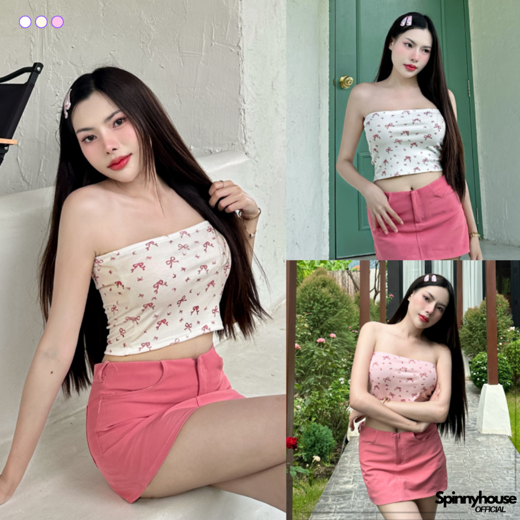 SpinnyHouse เสื้อเกาะอก ผ้าร่องยืดเยอะ สกรีนลายโบว์ สาวอวบใส่ได้ ผ้านิ่มไม่บาง ใส่แมตช์ลุคง่าย รุ่น เกาะอกลายโบว์
