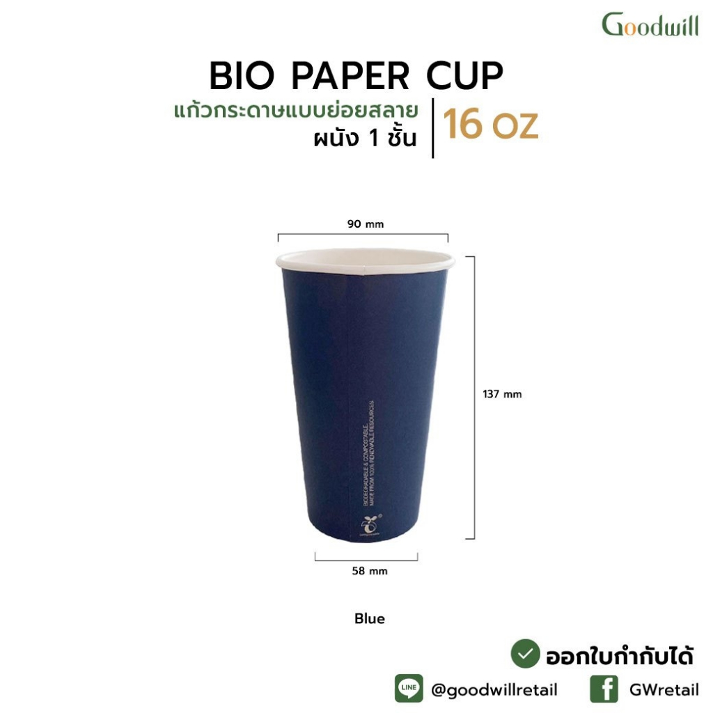 SET แพ็ก [50ชุด] SW 16oz Bio PLA Paper Cup แก้วกระดาษย่อยสลายผนังชั้นเดียว พร้อมฝากระดาษ // แก้ว1 P + ฝา 1 P