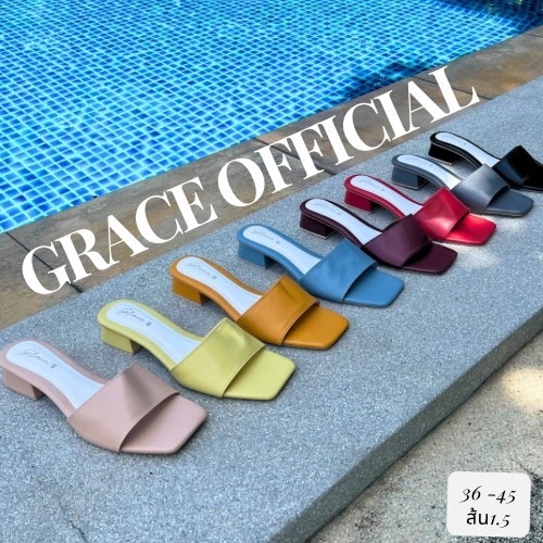 GRACE คาดนิ่ม รองเท้าแตะส้นสูง 1.25 นิ้ว  ไซส์ 36-45 รองเท้าแฟชั่นหนังนิ่ม สีเหลืองเข้ม แดงสด