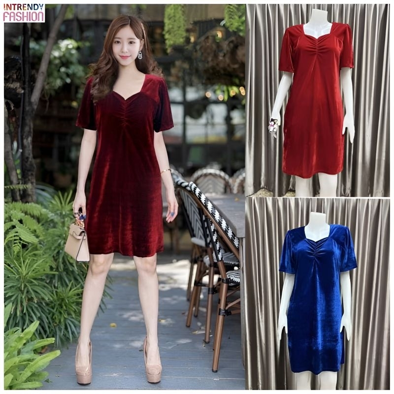 พร้อมส่ง.เดรสกํามะหยี่คอเหลี่ยมแขนสั้น ไซส์ L. XL. 3XL ผลิตจากผ้ากํามะหยี่เนื้อดี.