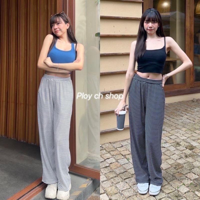 กางเกงขากระบอกลายริ้ว ผ้าร่อง รุ่นสูง 140 150 155 165 170 175 ซม. ผ้านุ่มใส่สบาย