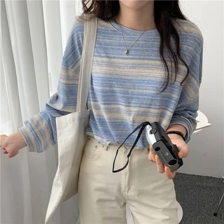 FASHION.61💗 เสื้อยืดเเขนยาว ลายทาง เนื้อผ้าดีผ้ายืด ไม่ร้อน ทรงหลวม รุ่นW6917
