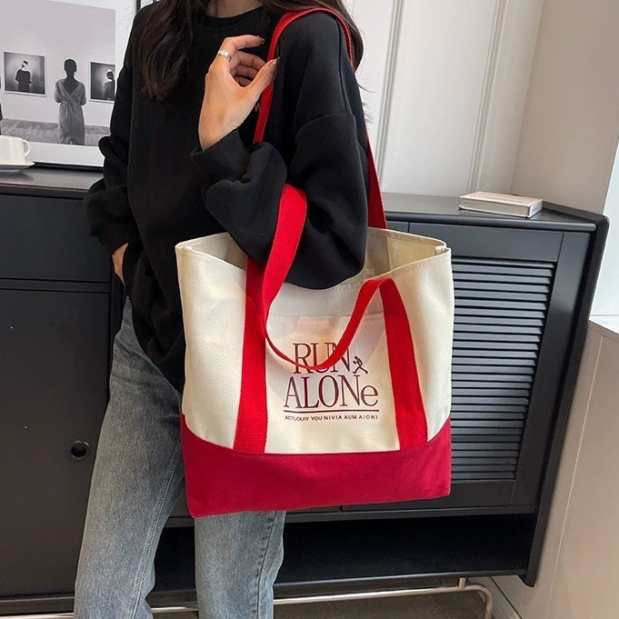 ifashionbag(IF2104) กระเป๋าผ้าแคนวาสสะพายไหล่ ใบใหญ่ มีช่องใส่ของด้านหน้าRUN