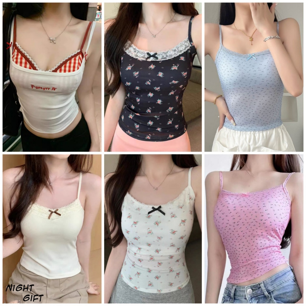 เสื้อสายเดี่ยวมีฟองน้ำ🌸ลายปัก ลูกไม้ ดอกไม้เล็กๆ หลากหลายสไตล์💕ผ้าไหมน้ำแข็ง🚚ส่งไวจากไทย1-3วัน（吊带）