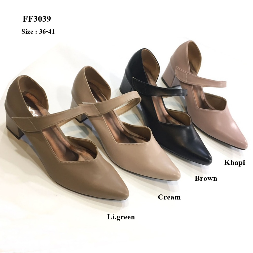 prettycomfort รองเท้าส้นสูง  คัทชูหัวแหลม หนังนิ่ม ใส่สบาย มีสายคาดหลังเท้าปรับระดับได้ FF3039