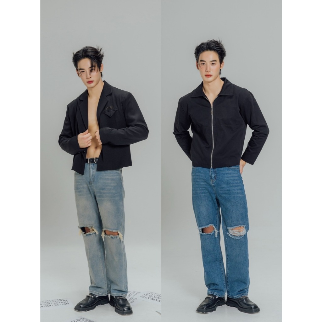 KINS | JEANS กางเกงยีนส์ผู้ชาย ทรงกระบอกตรง ขาดเข่า มี Size S-2XL กางเกงยีนส์ แนวสตรีท (F113)