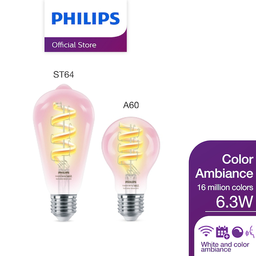 Philips WiZ หลอด LED Filament อัจฉริยะ 16 ล้านสี 6.3W ขั้ว E27 ดีไซน์คลาสสิคโชว์เกลียวไส้