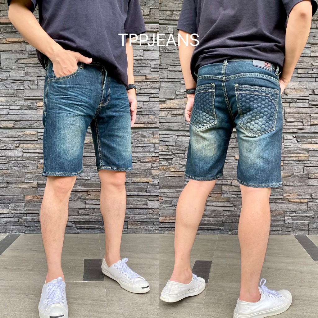 JEANSEXPRESS กางเกงยีนส์ขาสั้นชาย ทรงสั้นเหนือเข่า สีบลูฟอกสนิม ใส่สบาย เป้าซิป Size 28-36